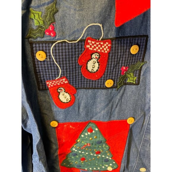 Karen Scott Blue Denim Holiday Embroidered Collared Long Sleeve Button Up Shirt - Picture 5 of 8